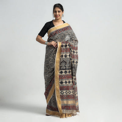 Black - Original Pedana Kalamkari Block Print Silk Saree