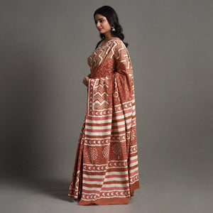 Brown - Bagru Dabu Block Printed Mul Cotton Saree