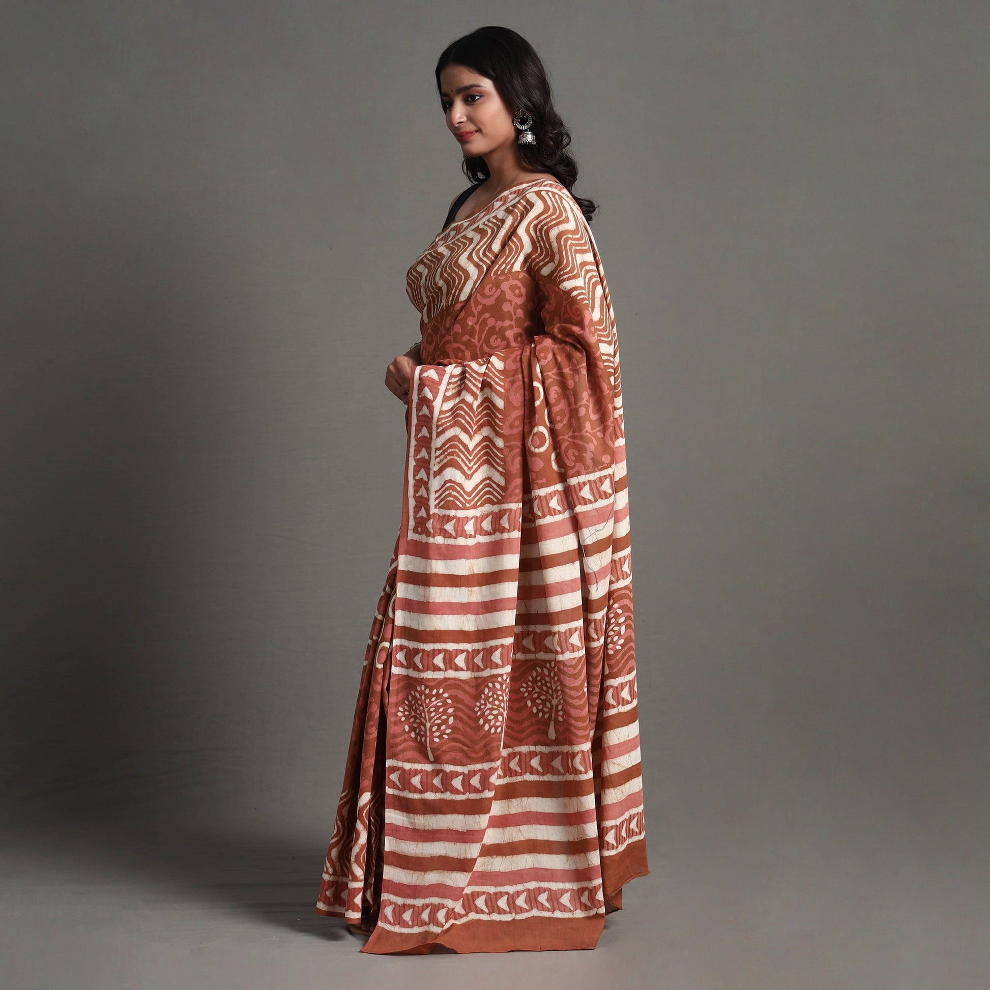 Brown - Bagru Dabu Block Printed Mul Cotton Saree
