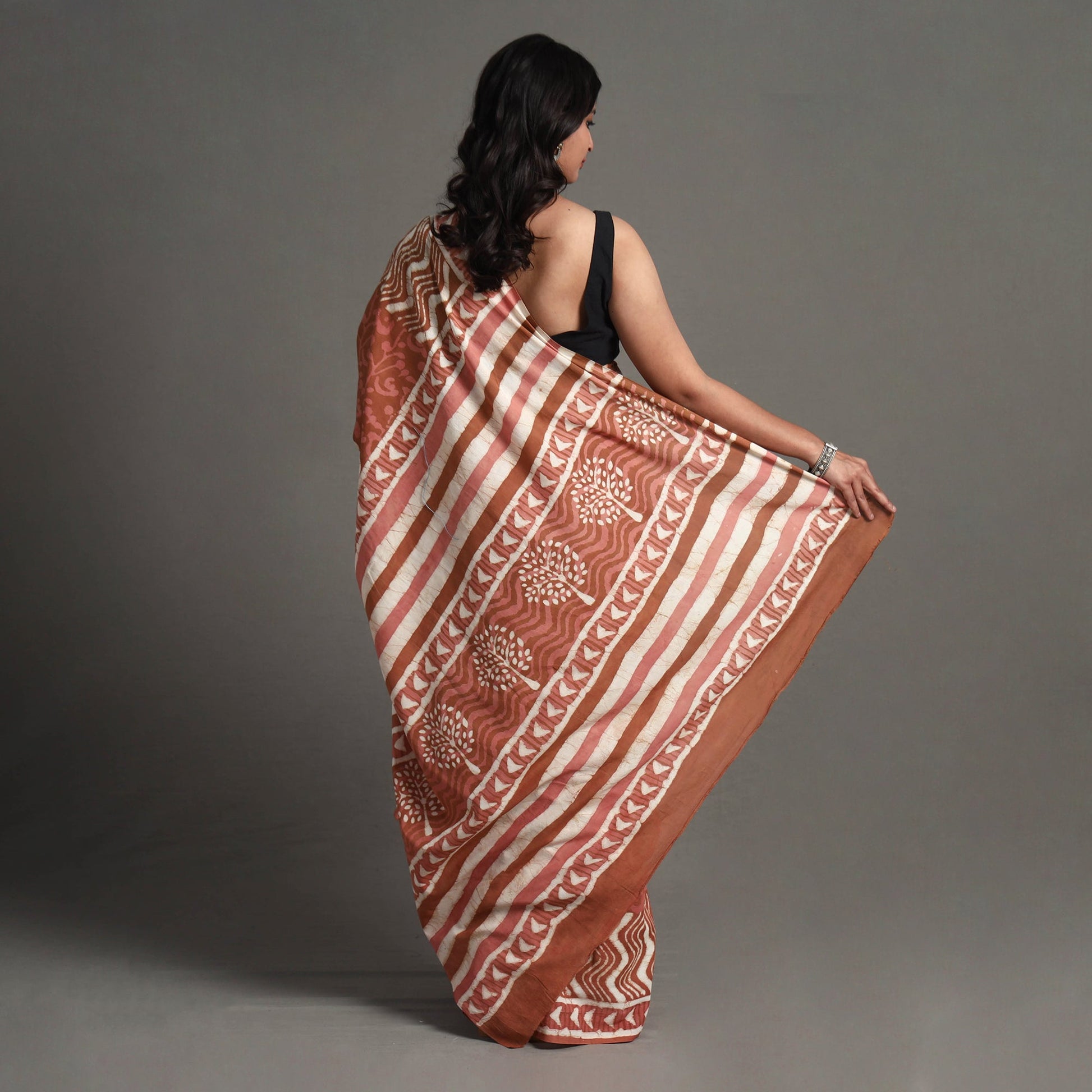 Brown - Bagru Dabu Block Printed Mul Cotton Saree