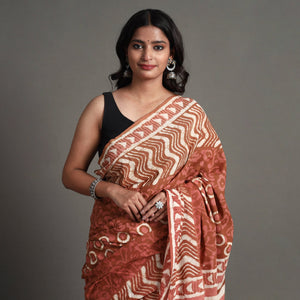 Brown - Bagru Dabu Block Printed Mul Cotton Saree