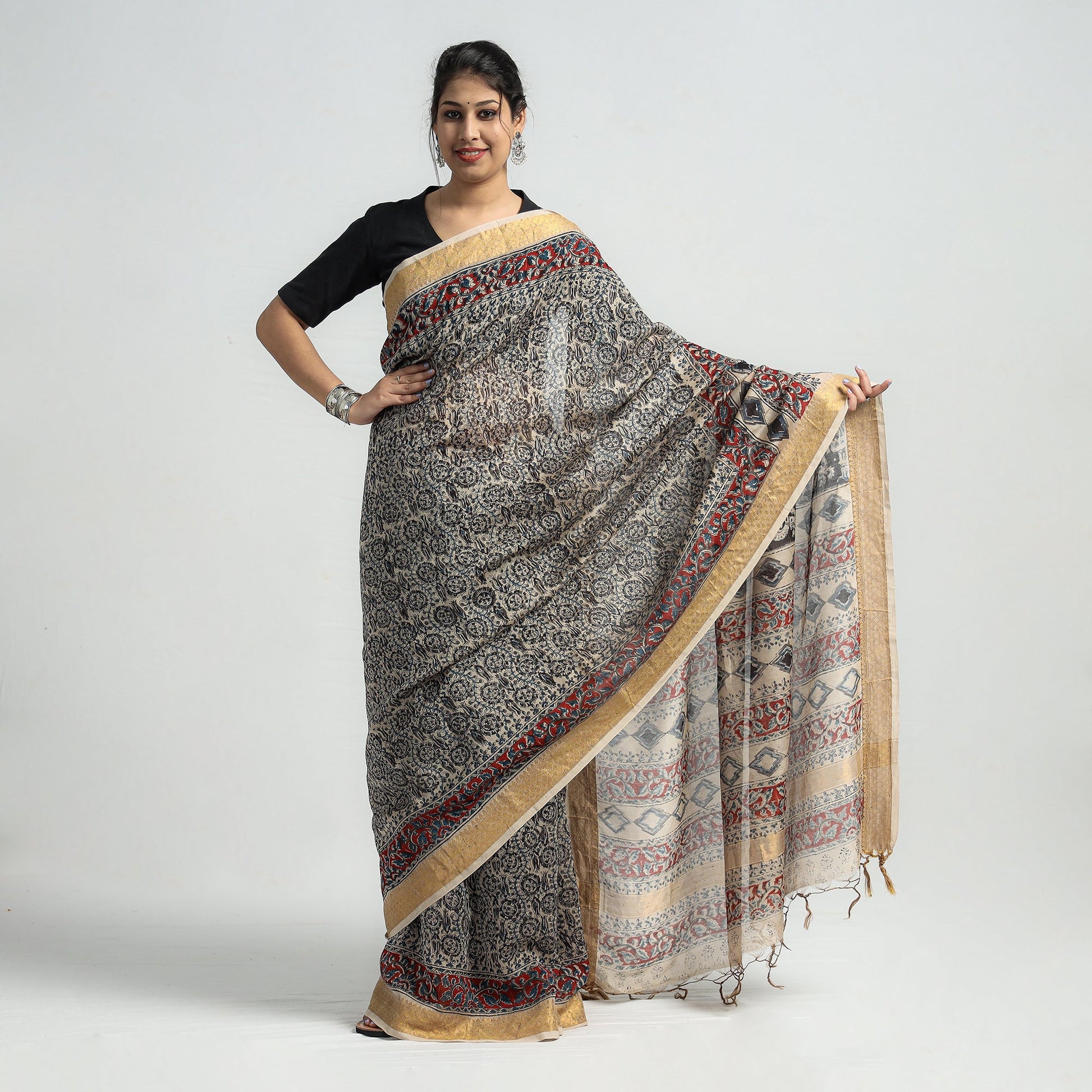 Black - Original Pedana Kalamkari Block Print Silk Saree