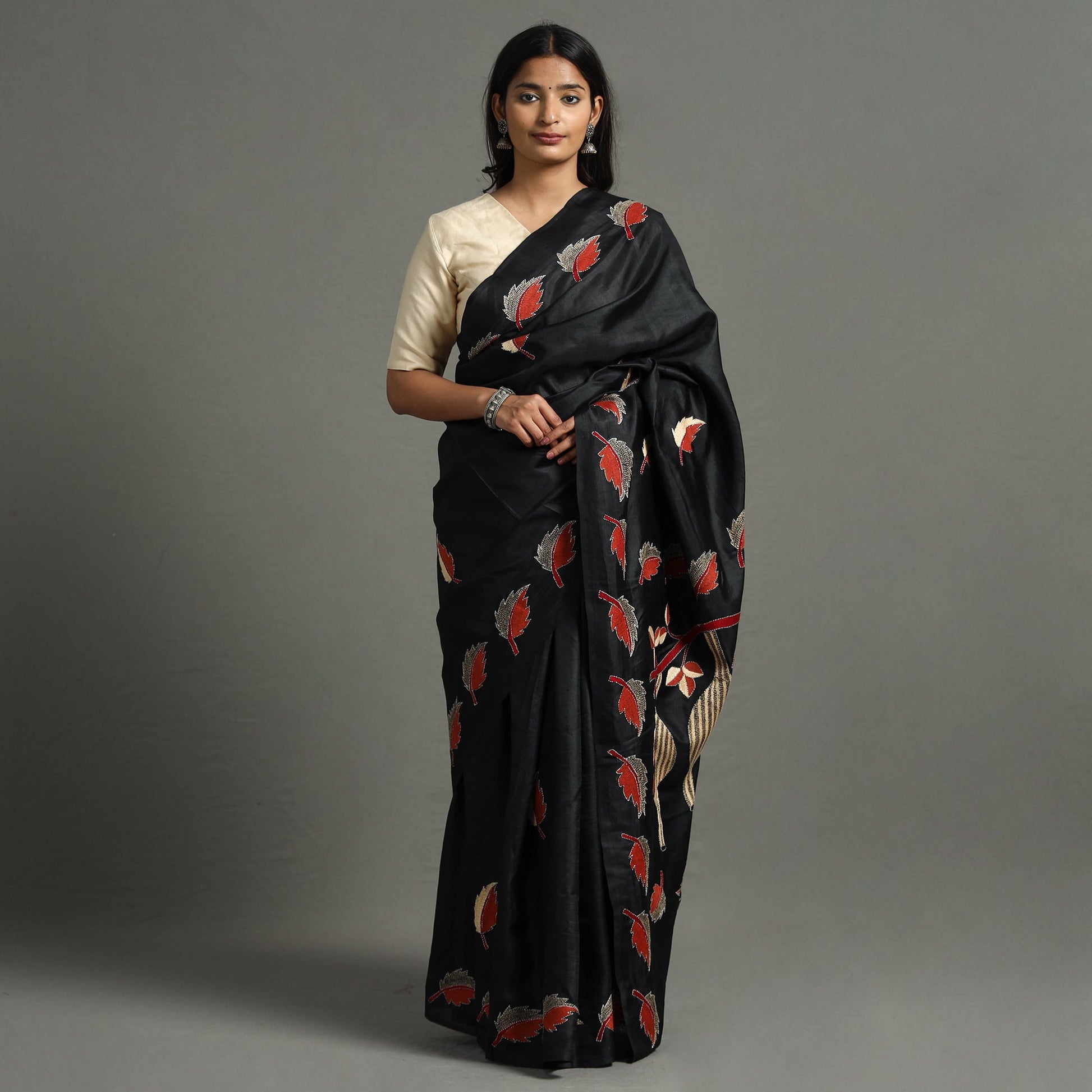 Black - Bengal Kantha Embroidery Handloom Banarasi Silk Saree