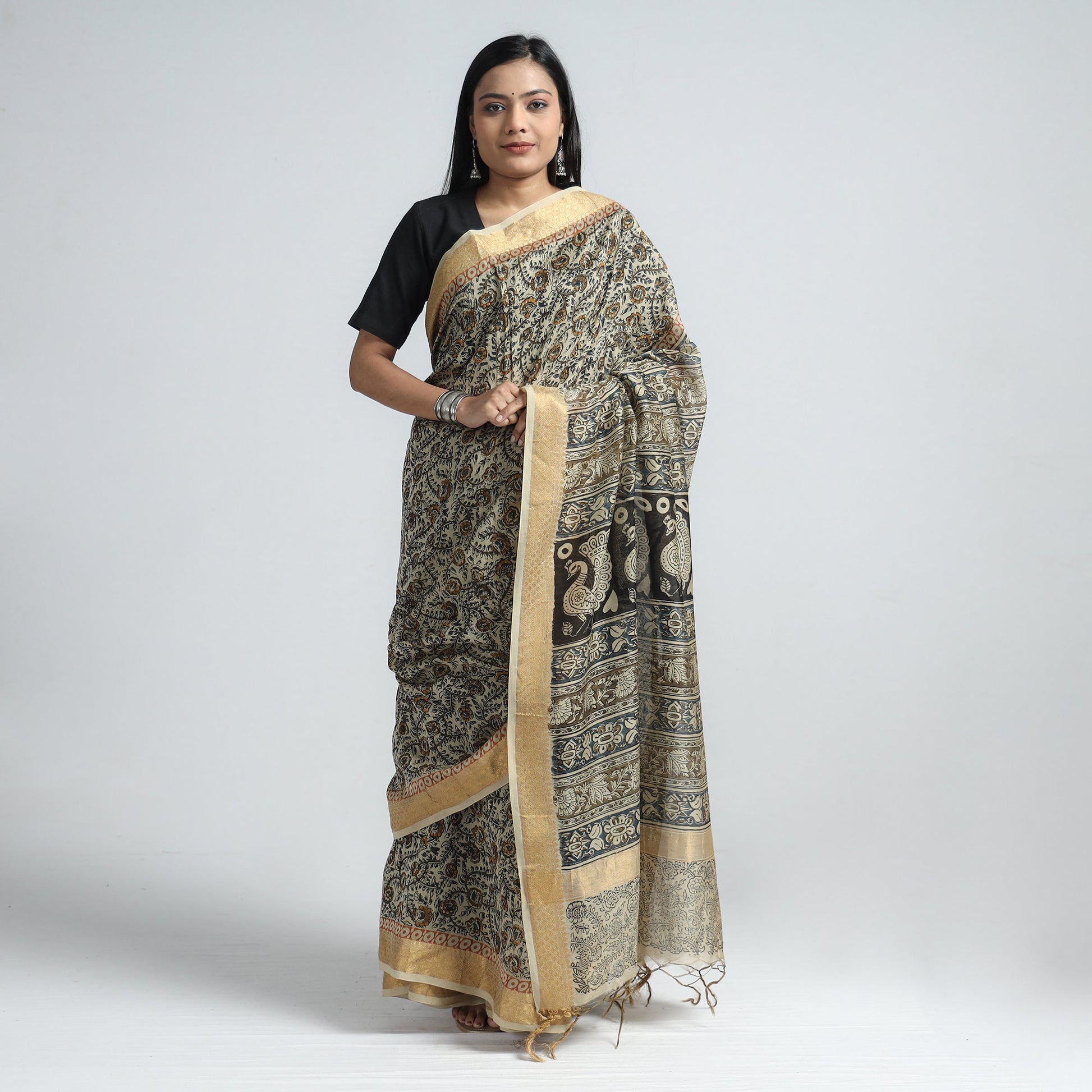 Beige - Original Pedana Kalamkari Block Print Silk Saree