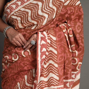 Brown - Bagru Dabu Block Printed Mul Cotton Saree