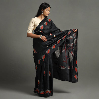 Black - Bengal Kantha Embroidery Handloom Banarasi Silk Saree
