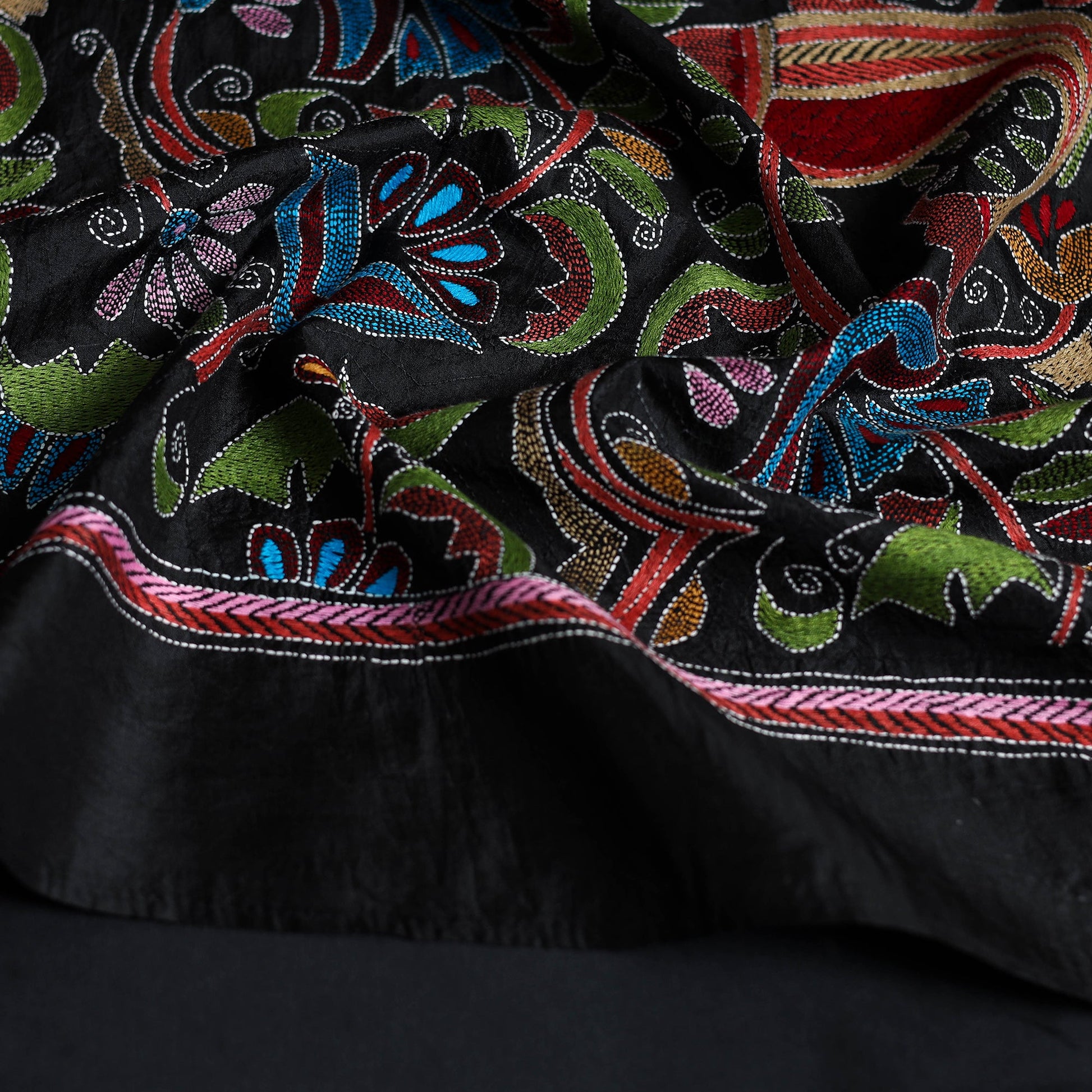 Black - Handloom Silk Bengal Kantha Work Stole 34