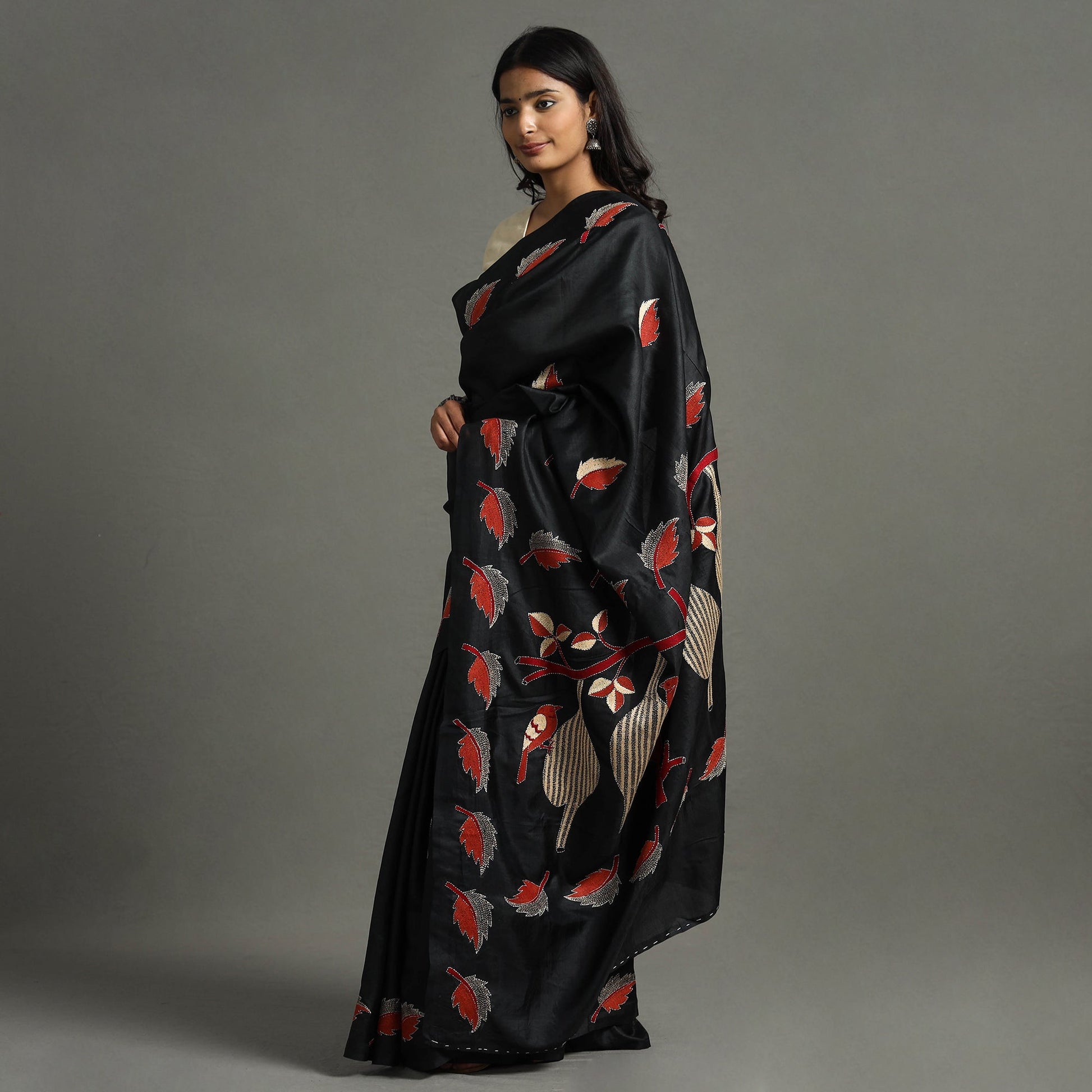Black - Bengal Kantha Embroidery Handloom Banarasi Silk Saree