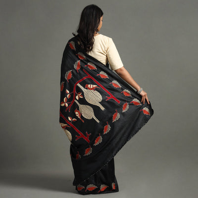 Black - Bengal Kantha Embroidery Handloom Banarasi Silk Saree