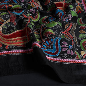 Black - Handloom Silk Bengal Kantha Work Stole 24