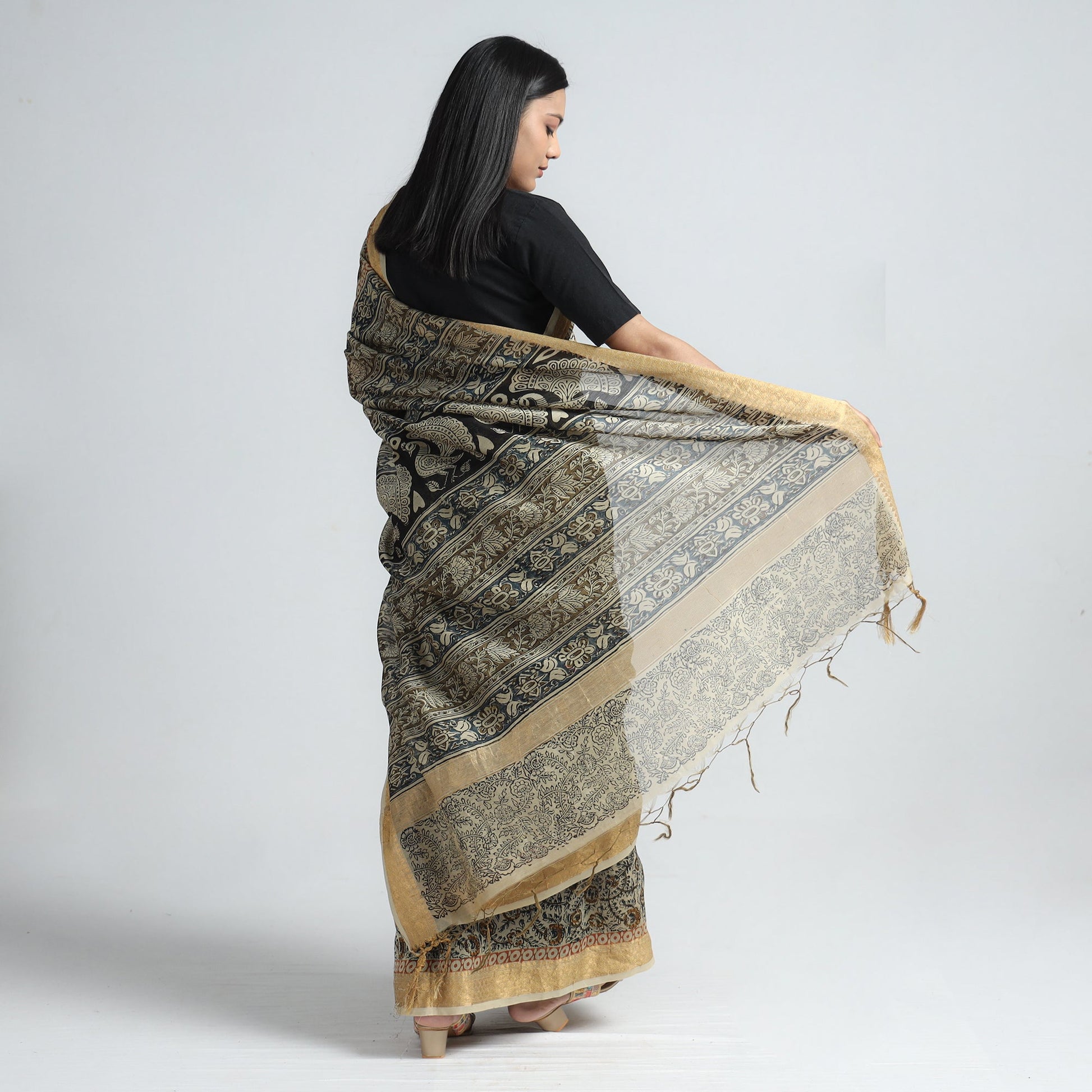 Beige - Original Pedana Kalamkari Block Print Silk Saree