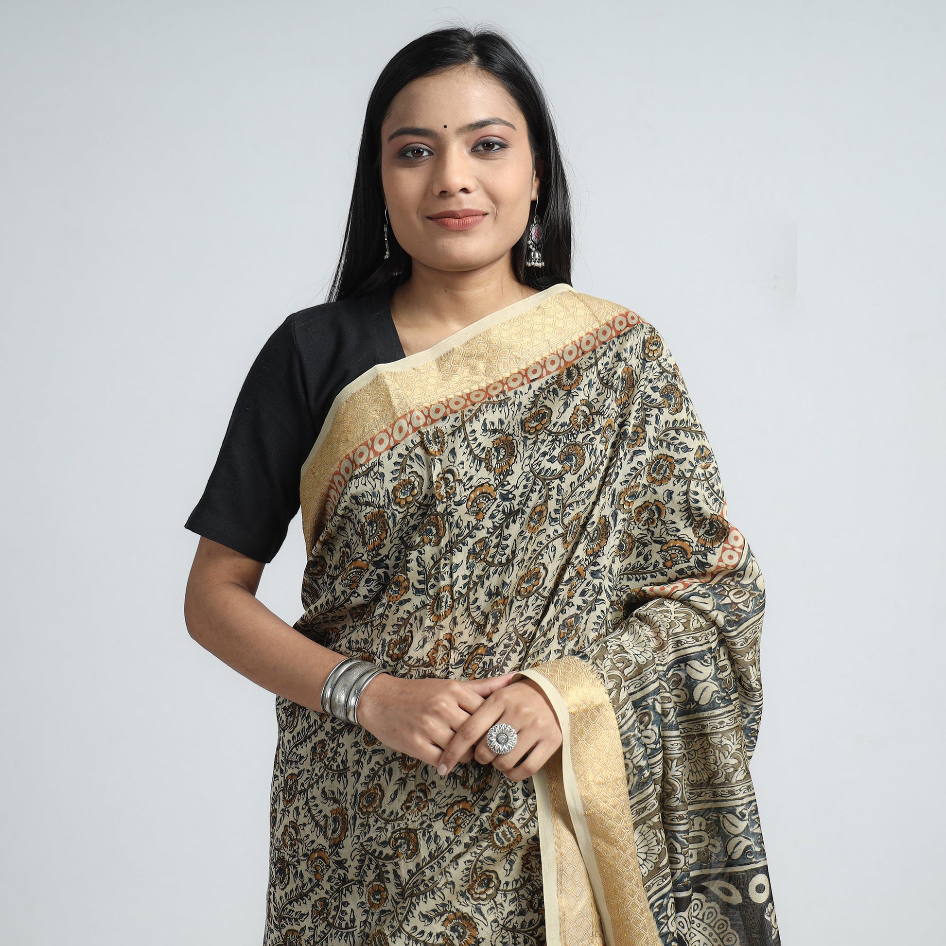 Beige - Original Pedana Kalamkari Block Print Silk Saree