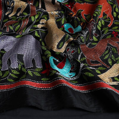 Black - Handloom Silk Bengal Kantha Work Stole 31