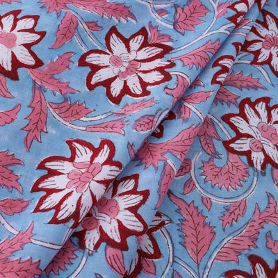 Blue - Floral Sanganeri Block Print Cotton Fabric 11