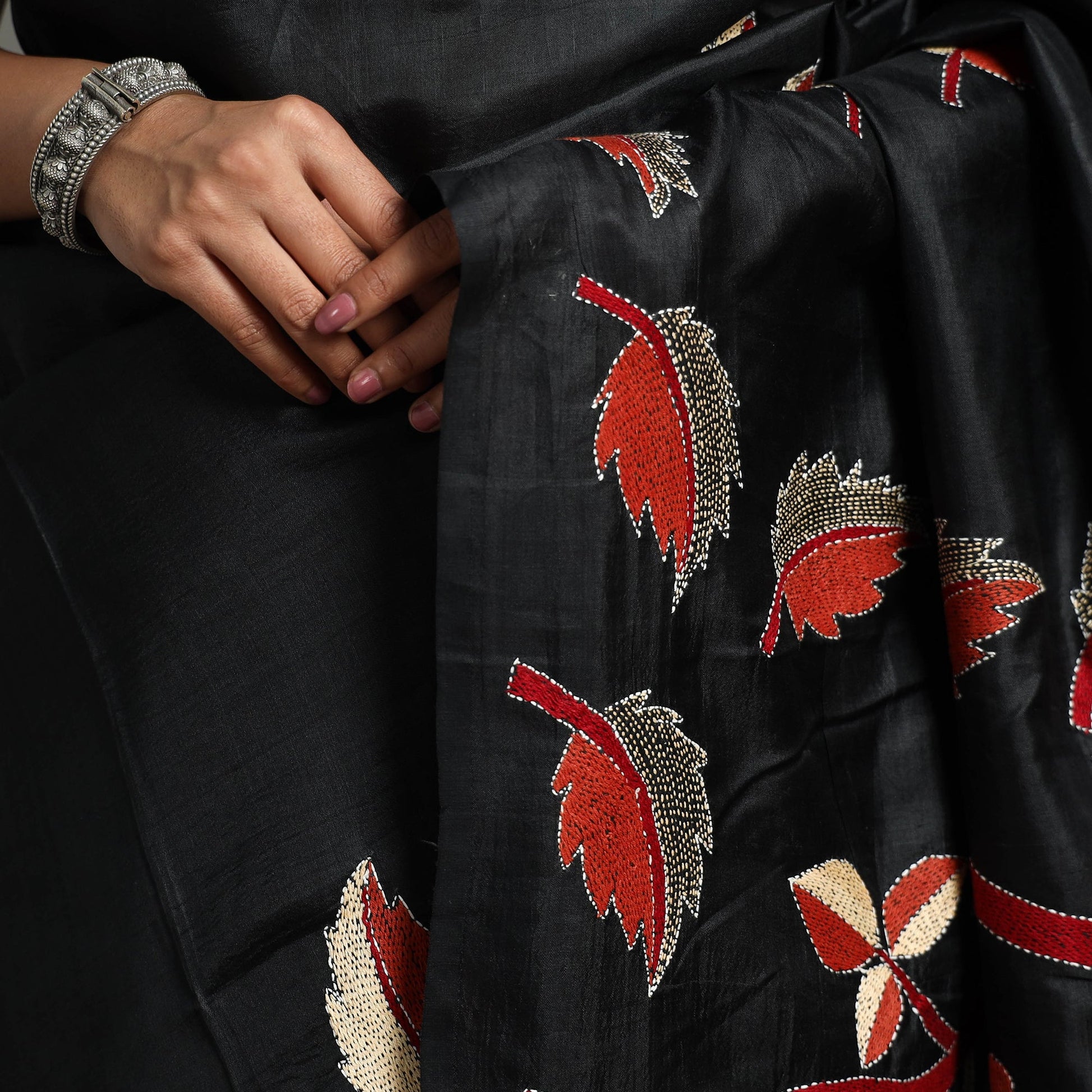 Black - Bengal Kantha Embroidery Handloom Banarasi Silk Saree