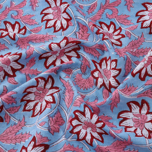 Blue - Floral Sanganeri Block Print Cotton Fabric 11