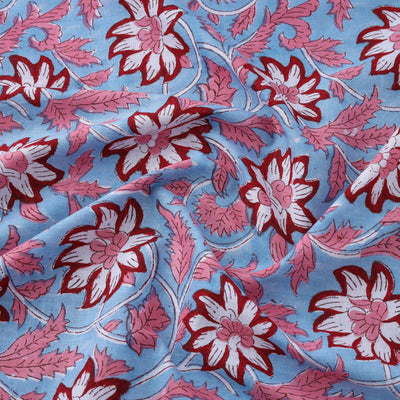 Blue - Floral Sanganeri Block Print Cotton Fabric 11