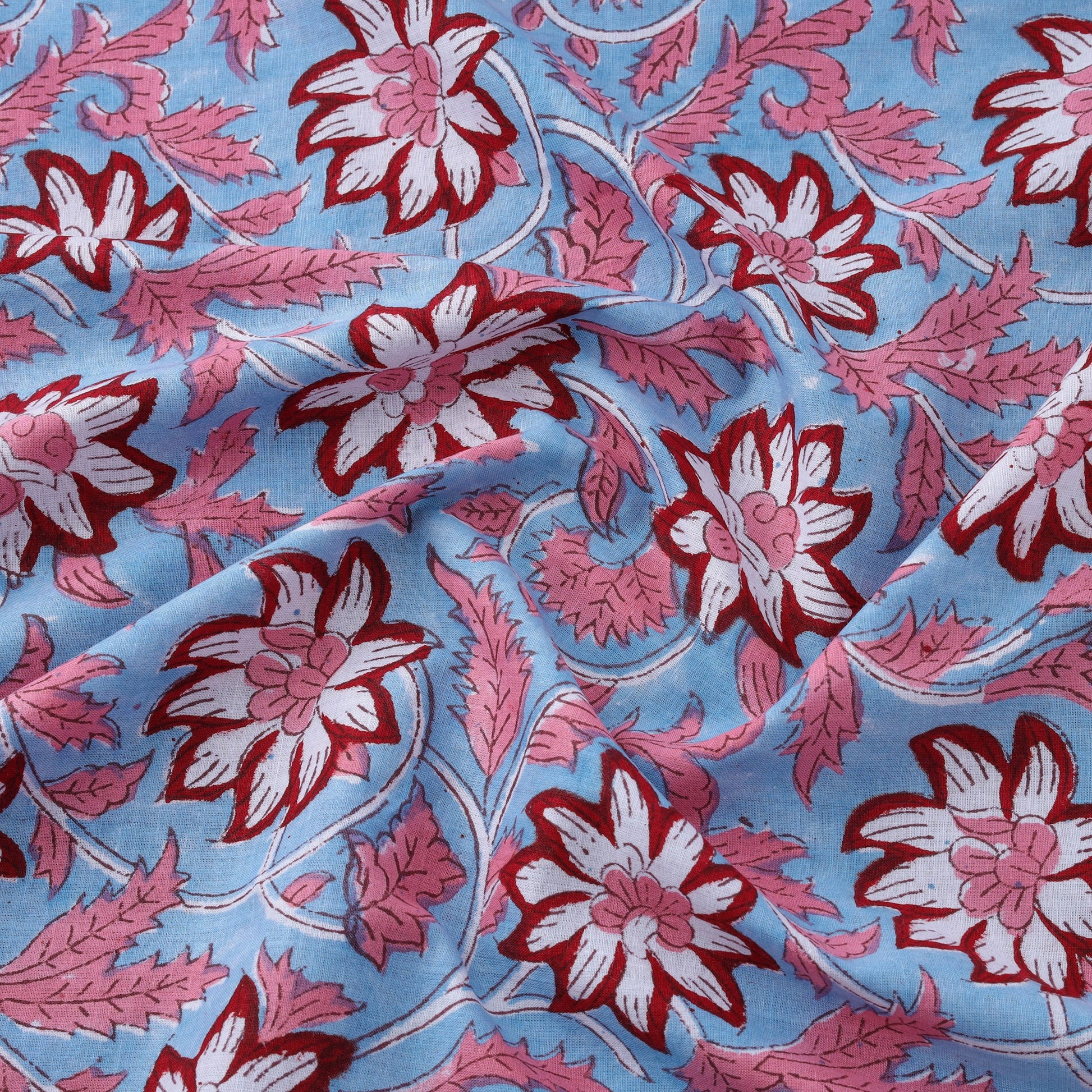 Blue - Floral Sanganeri Block Print Cotton Fabric 11