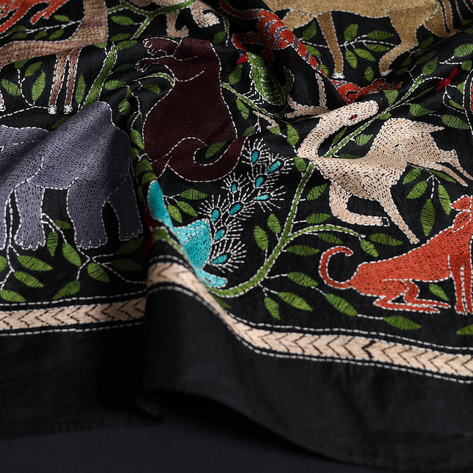 Black - Handloom Silk Bengal Kantha Work Stole 28
