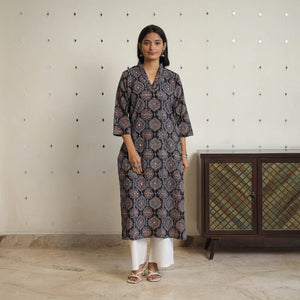 Black - Sequins Work Cotton Straight Ajrakh Print Kurta 07