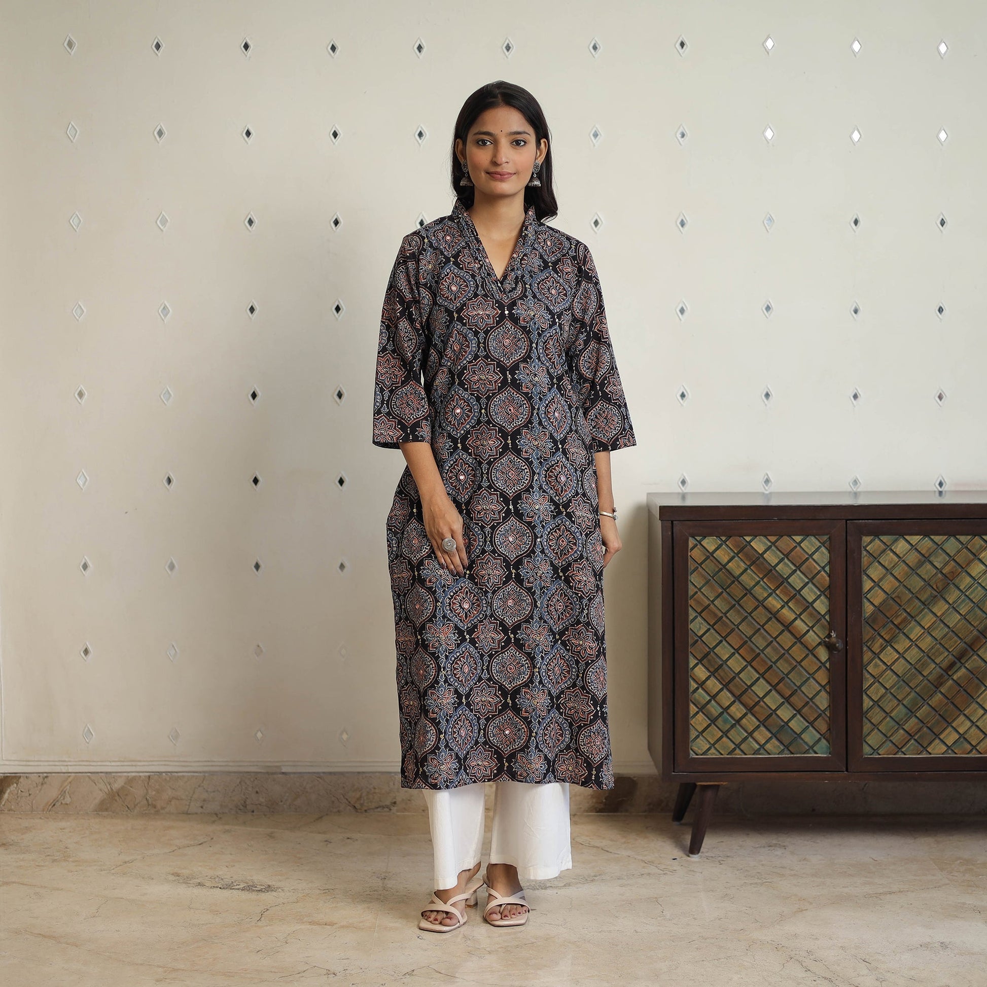 Black - Sequins Work Cotton Straight Ajrakh Print Kurta 07