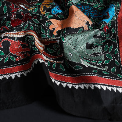 Black - Handloom Silk Bengal Kantha Work Stole 26