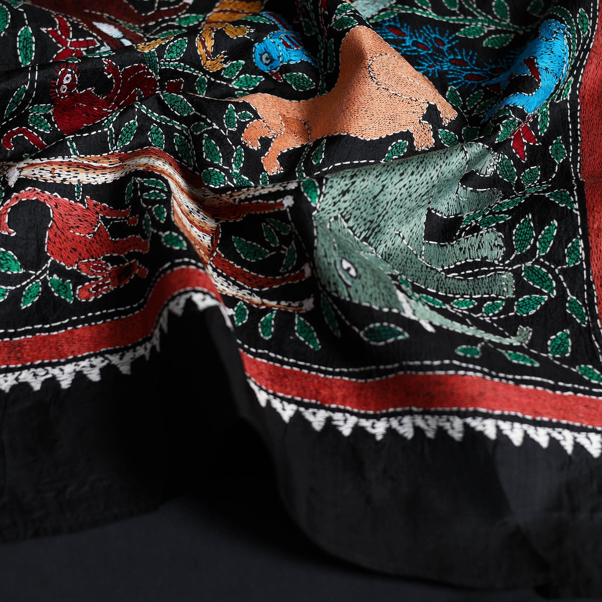Black - Handloom Silk Bengal Kantha Work Stole 26