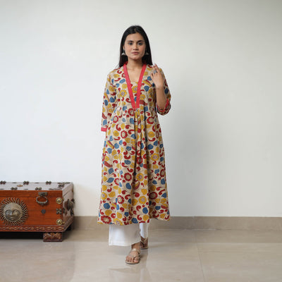 Beige - Printed Cotton Flared Kalamkari Kurta with Patchwork 04