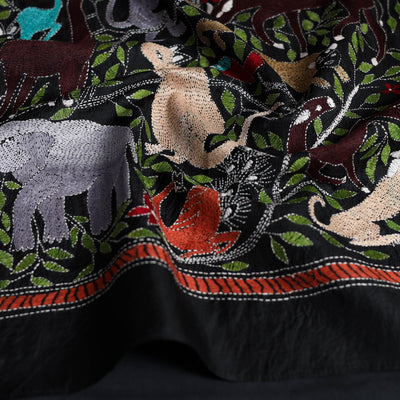 Black - Handloom Silk Bengal Kantha Work Stole 33