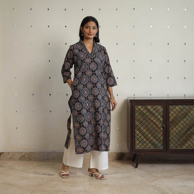 Black - Sequins Work Cotton Straight Ajrakh Print Kurta 07
