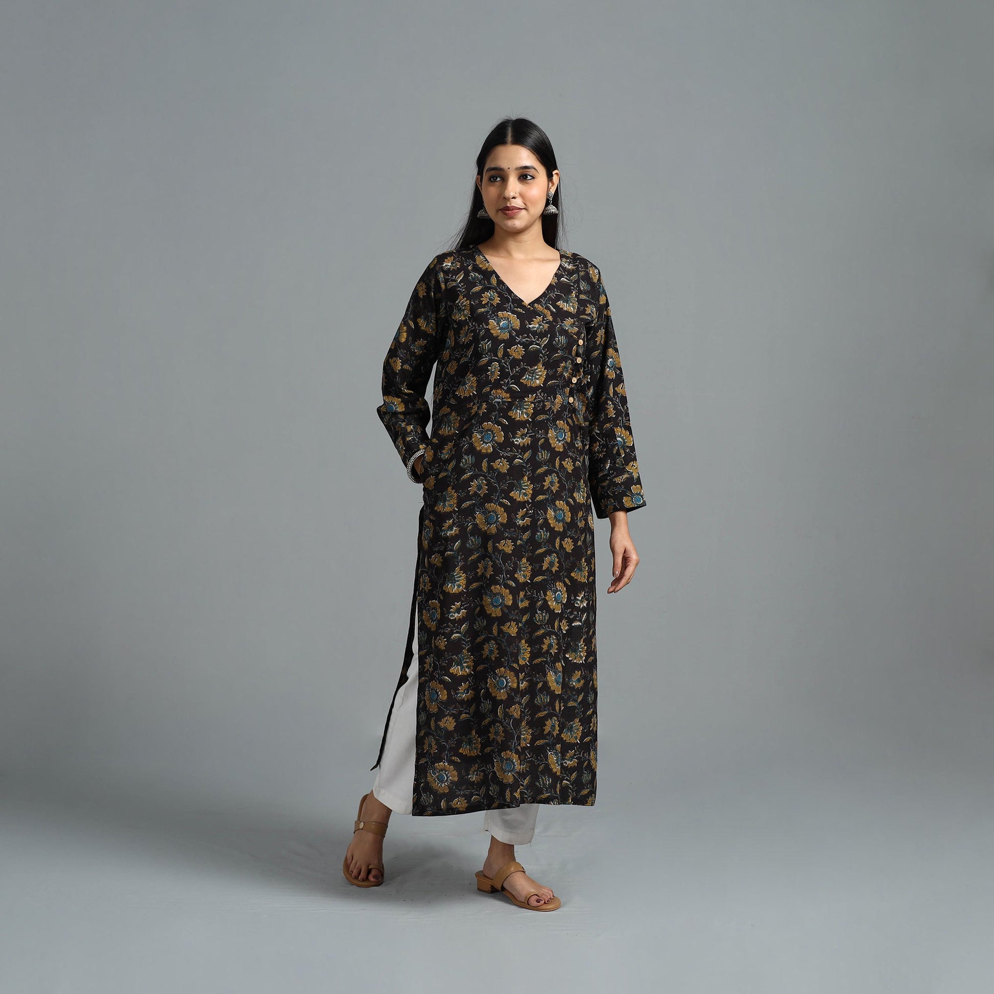 Black - Block Printed Cotton Straight Bagru Kurta 01