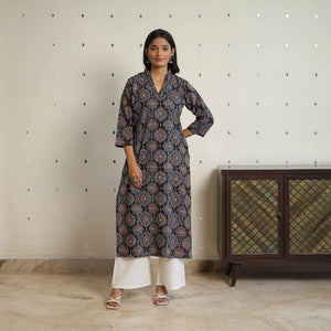 Black - Sequins Work Cotton Straight Ajrakh Print Kurta 07
