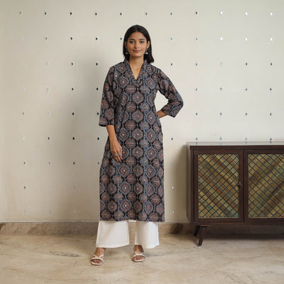 Black - Sequins Work Cotton Straight Ajrakh Print Kurta 07