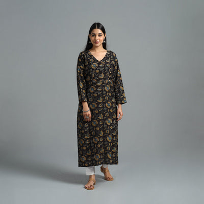 Black - Block Printed Cotton Straight Bagru Kurta 01