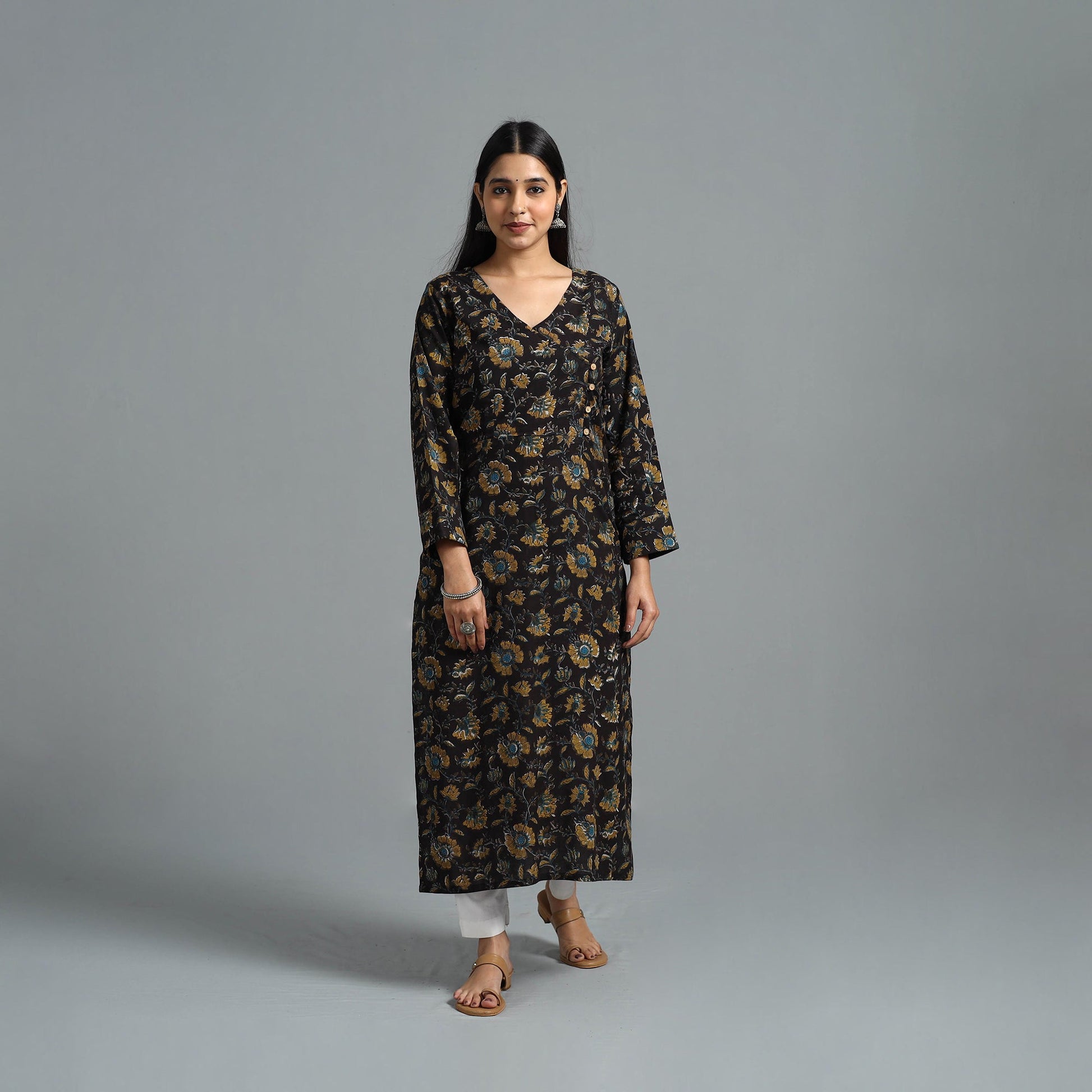 Black - Block Printed Cotton Straight Bagru Kurta 01
