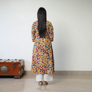 Beige - Printed Cotton Flared Kalamkari Kurta with Patchwork 04