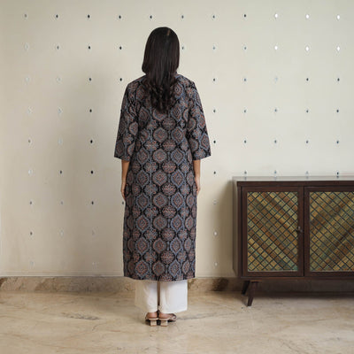 Black - Sequins Work Cotton Straight Ajrakh Print Kurta 07