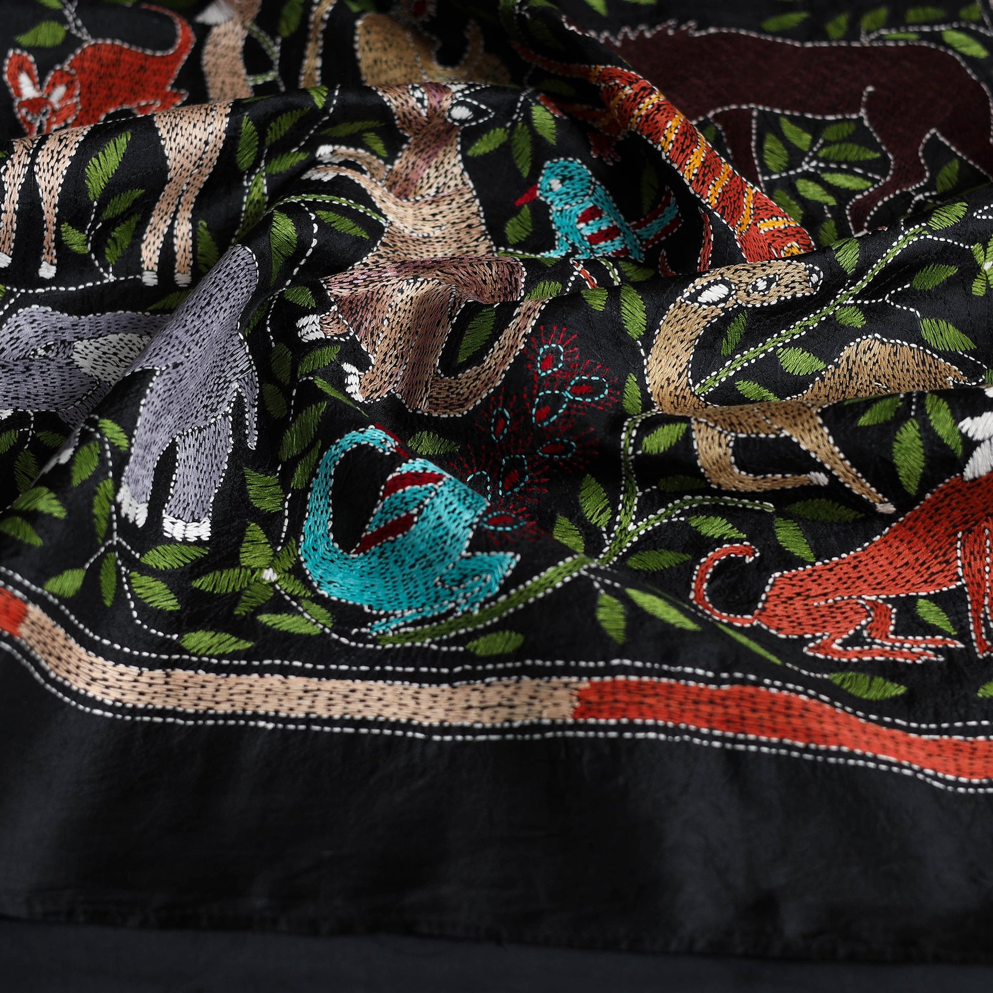 Black - Handloom Silk Bengal Kantha Work Stole 25