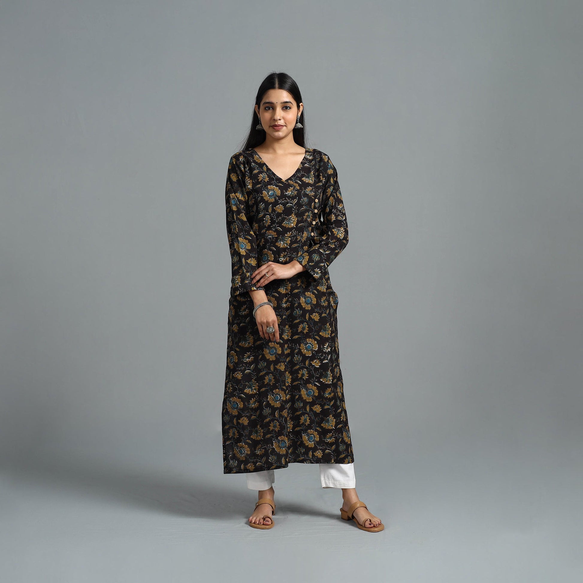 Black - Block Printed Cotton Straight Bagru Kurta 01