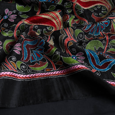 Black - Handloom Silk Bengal Kantha Work Stole 32