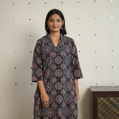 Black - Sequins Work Cotton Straight Ajrakh Print Kurta 07