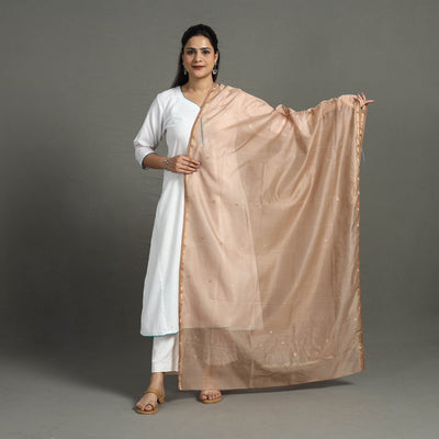 Brown - Handloom Silk Cotton Zari Buti Chanderi Dupatta 05