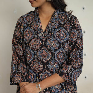 Black - Sequins Work Cotton Straight Ajrakh Print Kurta 07
