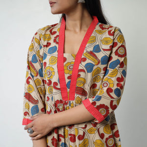 Beige - Printed Cotton Flared Kalamkari Kurta with Patchwork 04