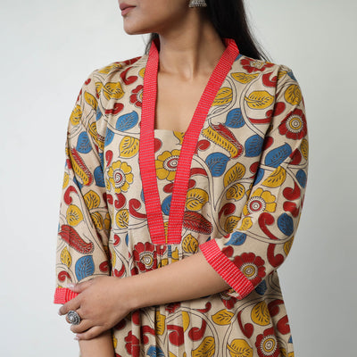 Beige - Printed Cotton Flared Kalamkari Kurta with Patchwork 04