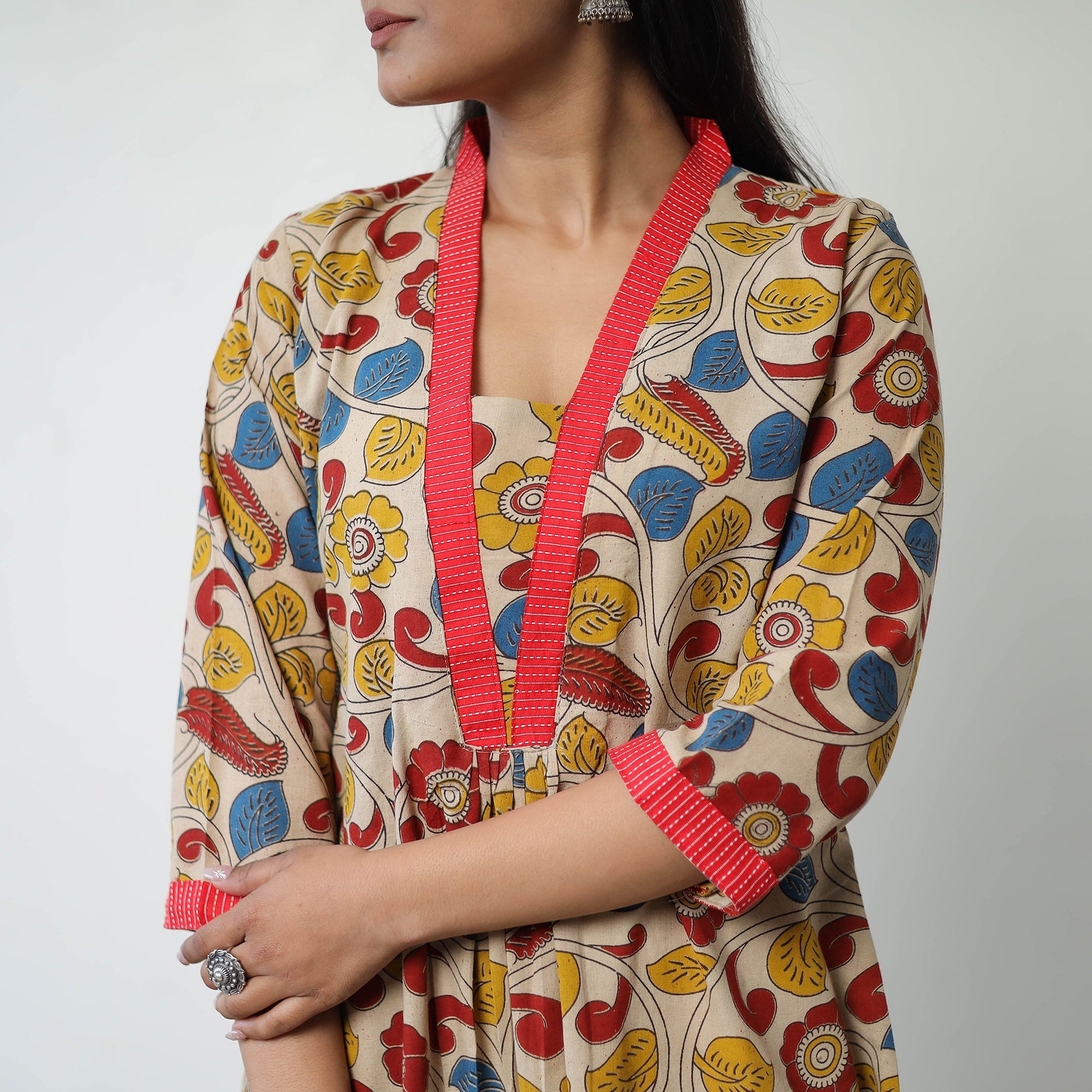 Beige - Printed Cotton Flared Kalamkari Kurta with Patchwork 04