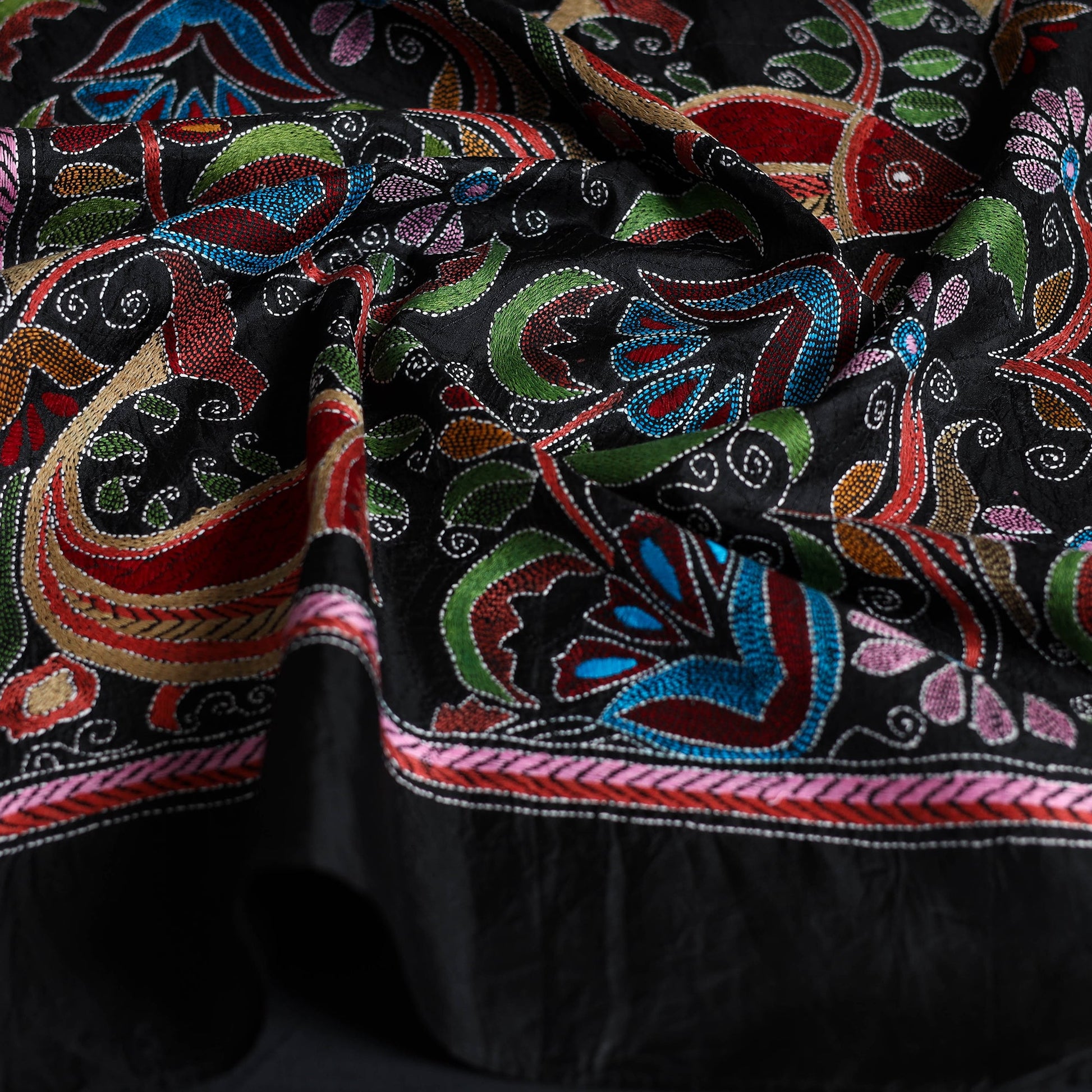 Black - Handloom Silk Bengal Kantha Work Stole 27