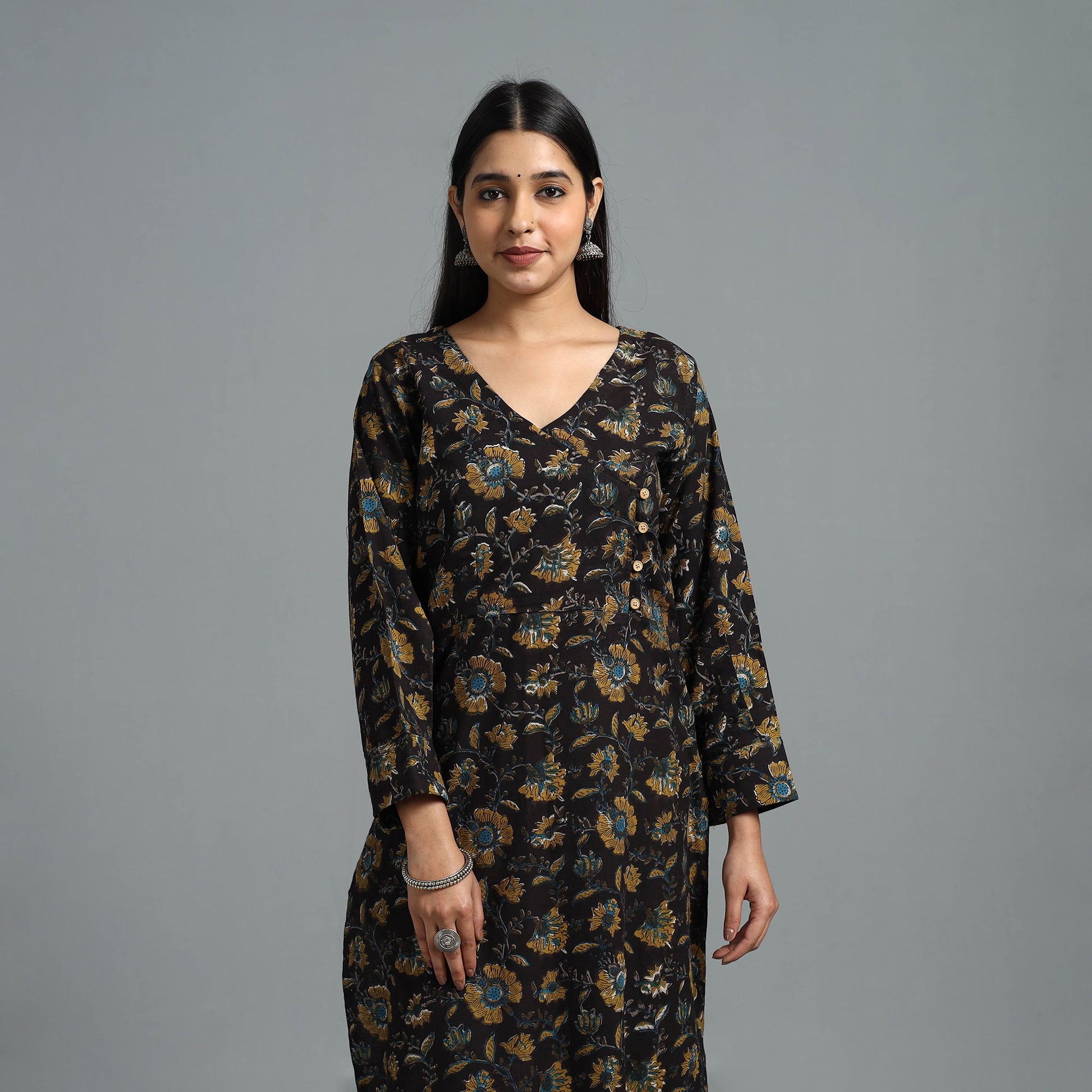 Black - Block Printed Cotton Straight Bagru Kurta 01