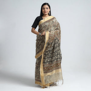 Beige - Original Pedana Kalamkari Block Print Silk Saree
