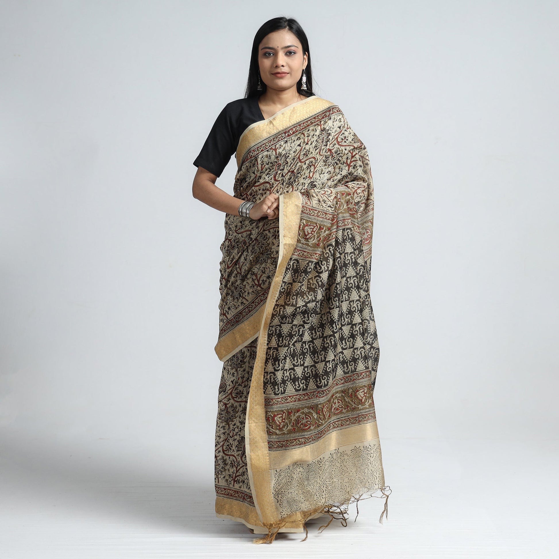 Beige - Original Pedana Kalamkari Block Print Silk Saree